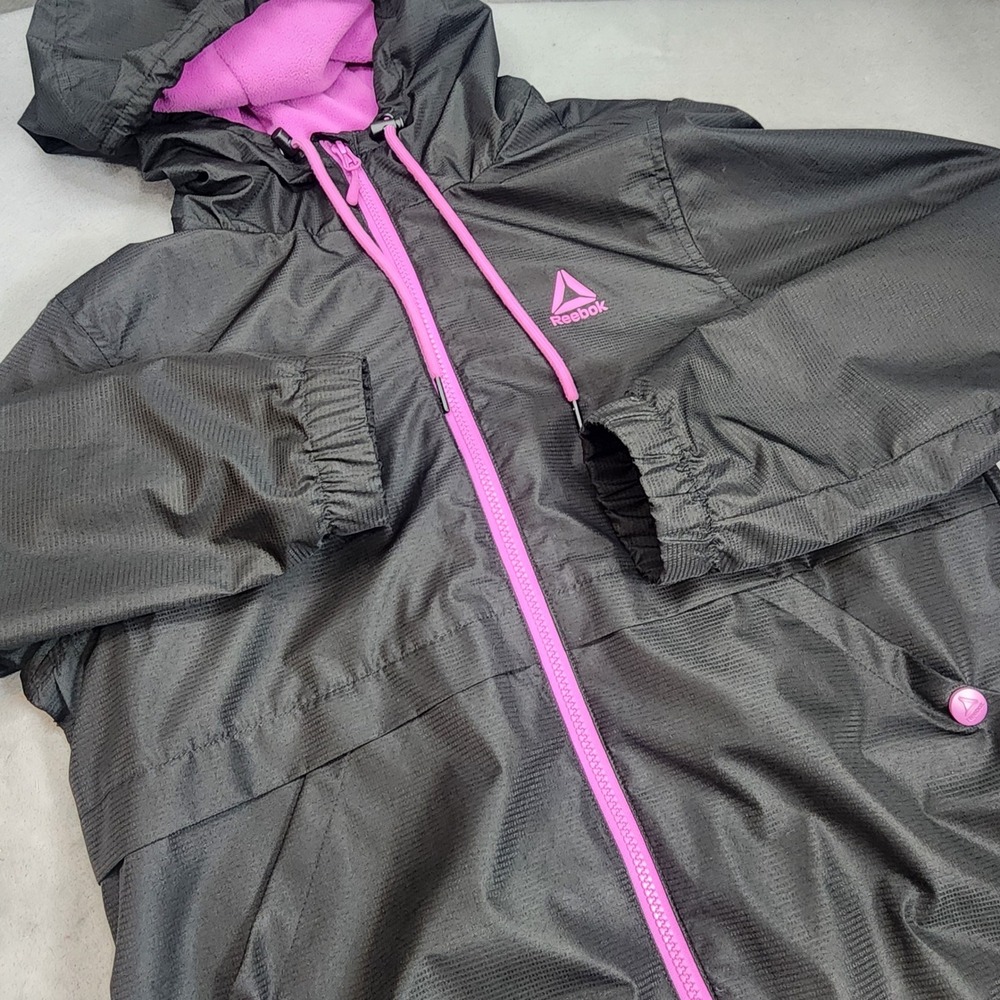 Reebok Windbreaker Black Pink Fleece Lined Ripstop Jacket Womens Size Medium